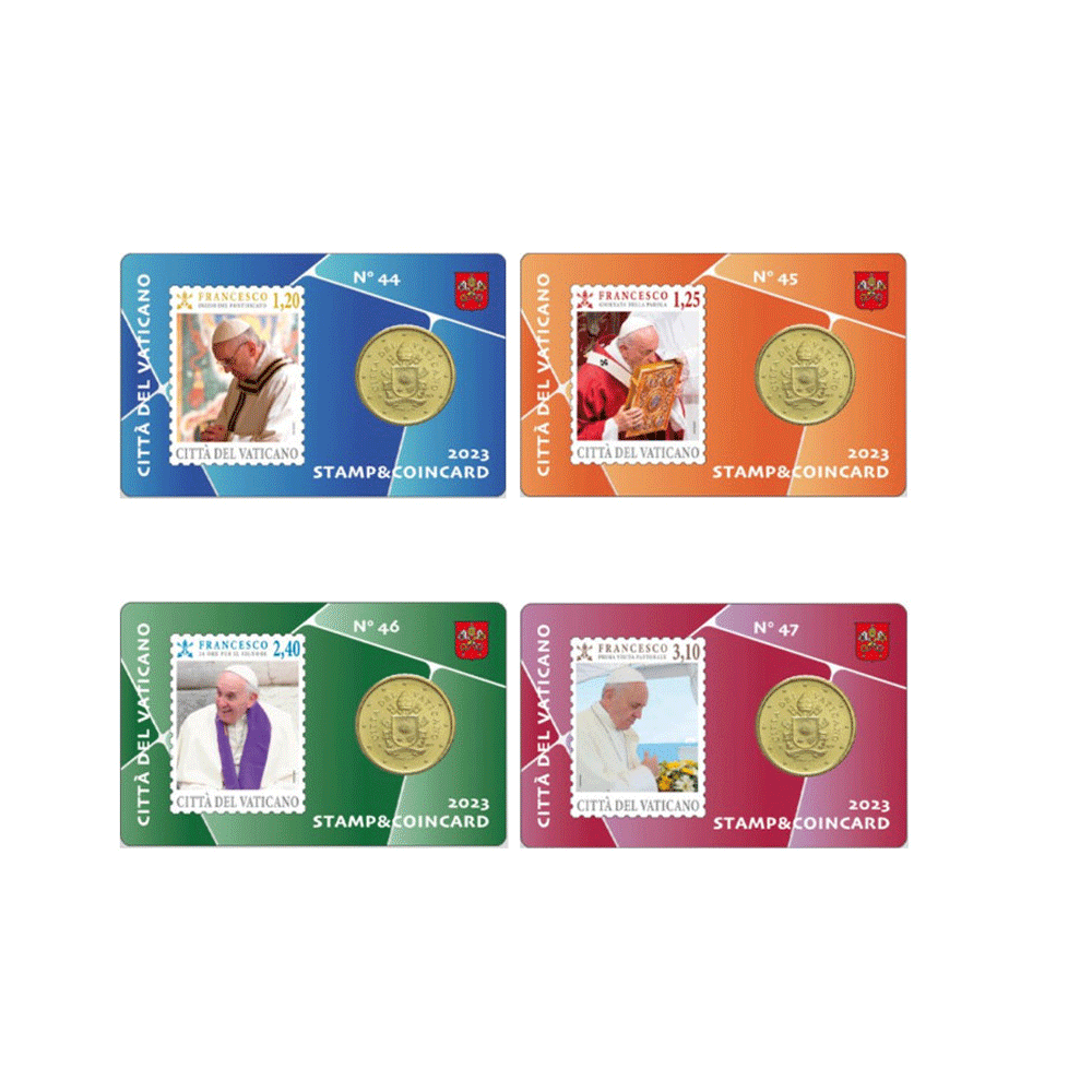 Vatican 2023 - Lot de 4 Coincards de 50 centimes avec leurs timbres - Armoiries du pape François