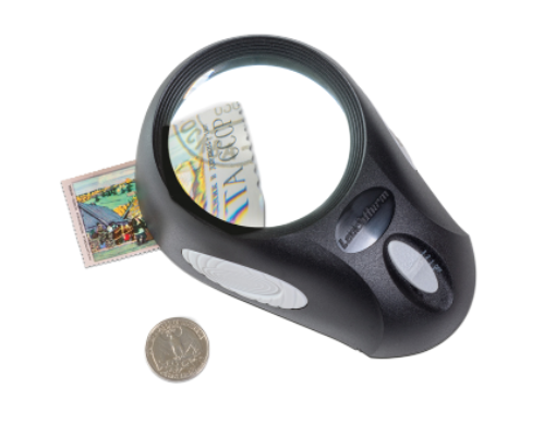 Loupe à poser: 6 LED, grossissement X5, 3 niveaux d'éclairage.