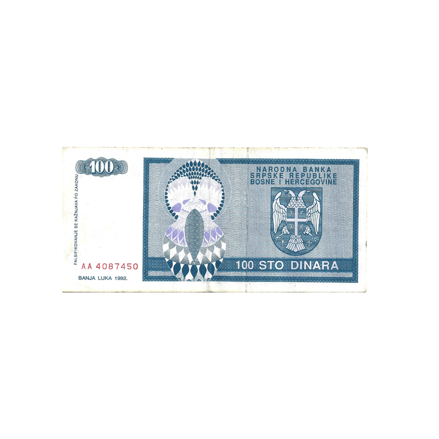 Bosnie-Herzégovine - Billet de 100 Dinars - 1992