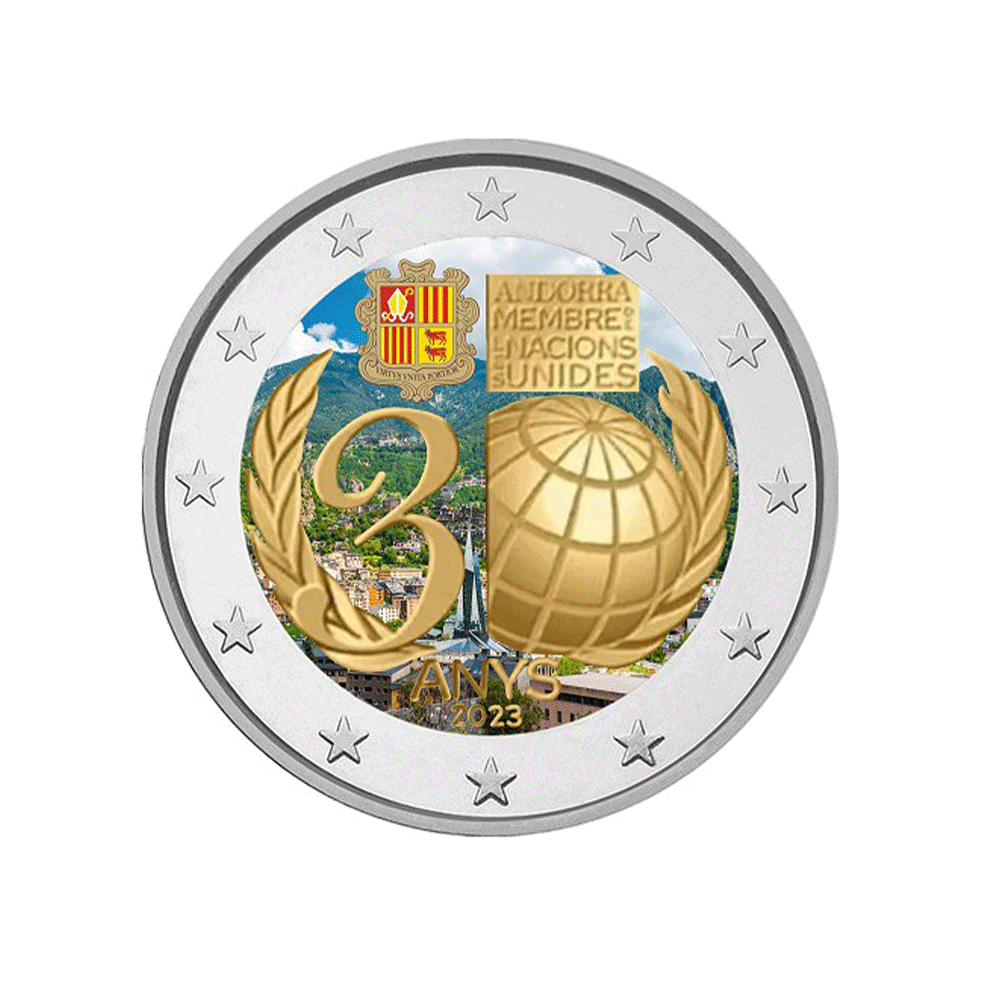 Andorre 2023 - 2 Euros Commémorative - 30 ans de l'entrée d'Andorre à l'ONU - Colorisée