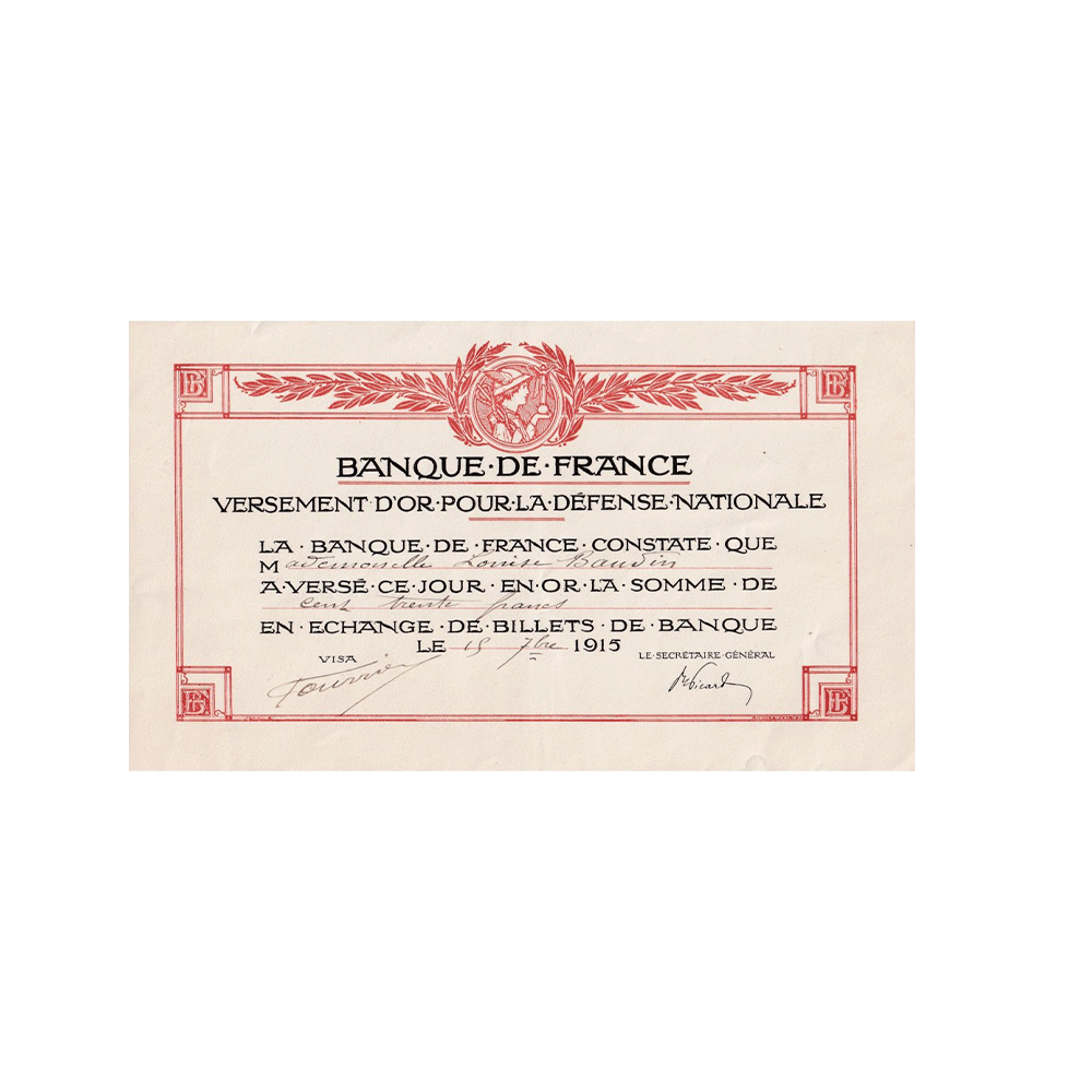 France 1915 - Certificat de versement d'or pour la Défense Nationale
