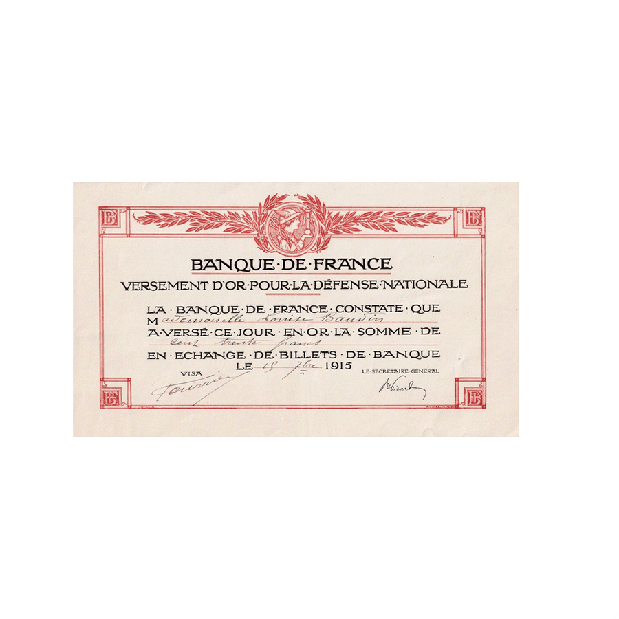 France 1915 - Certificat de versement d'or pour la Défense Nationale