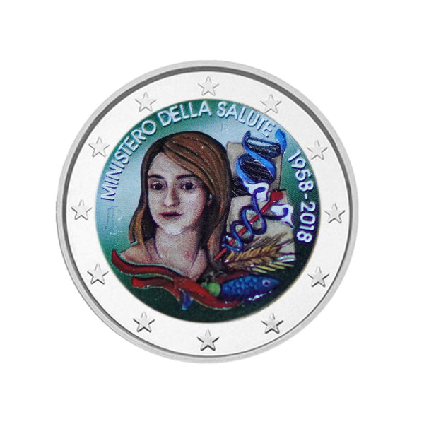 ⁣⁢Italy 2018 - 2 Euro Commemorative Coin - Ministry of Health - Colorized⁤⁣