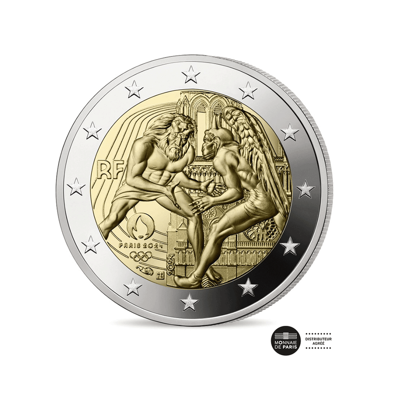 ⁣⁢Etupuoli: 2 euron Ranska 2024 Hercule: Hercule taistelemassa kiimäärin kanssa Notre-Dame de Paris'n edessä⁤⁣