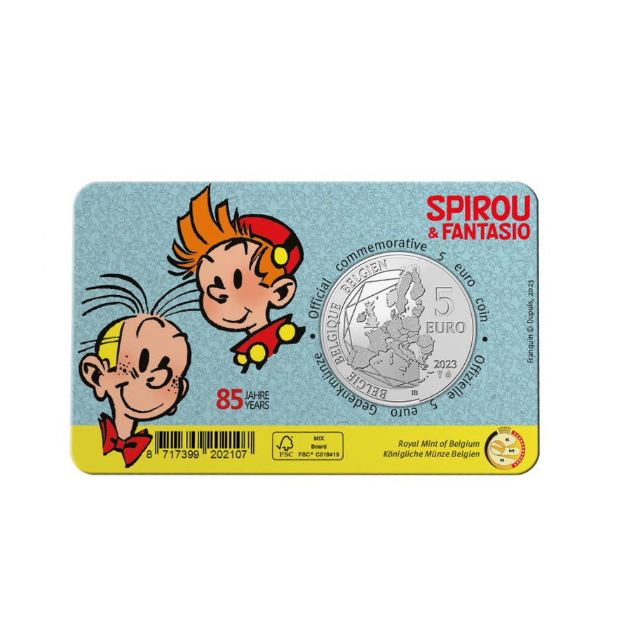 Belgio 2023 - 5 Euro Commemorative - 85 ° anniversario di Spirou e Fantasio - Coincard di colore