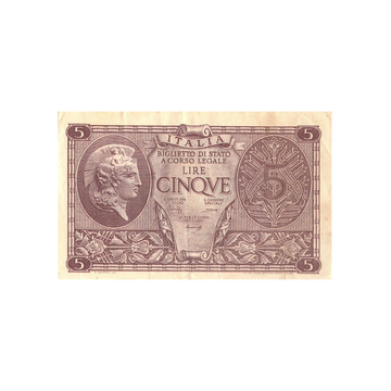 Italie - Billet de 5 Lires - 1944