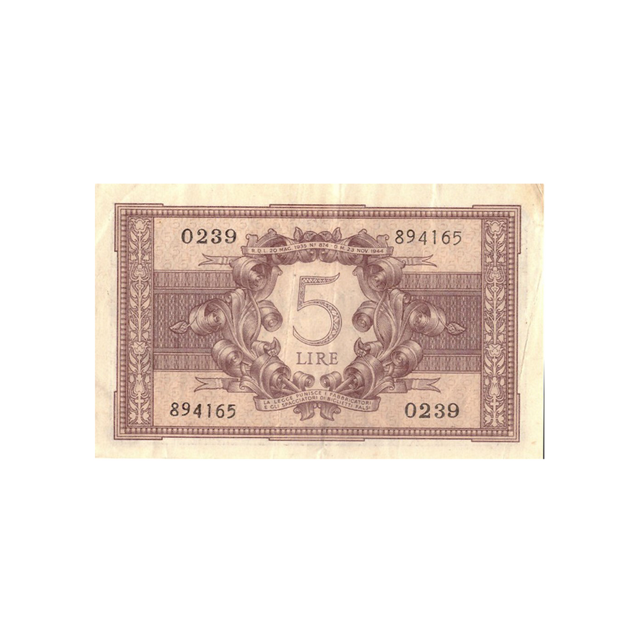 Italie - Billet de 5 Lires - 1944