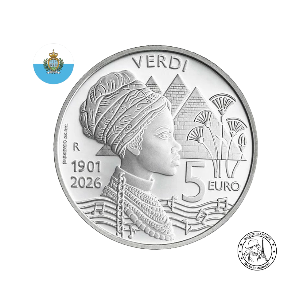⁣⁢San Marino - 125. výročí úmrtí Giuseppe Verdiho - Stříbrná mince 5 eur - Proof 2026⁤⁣