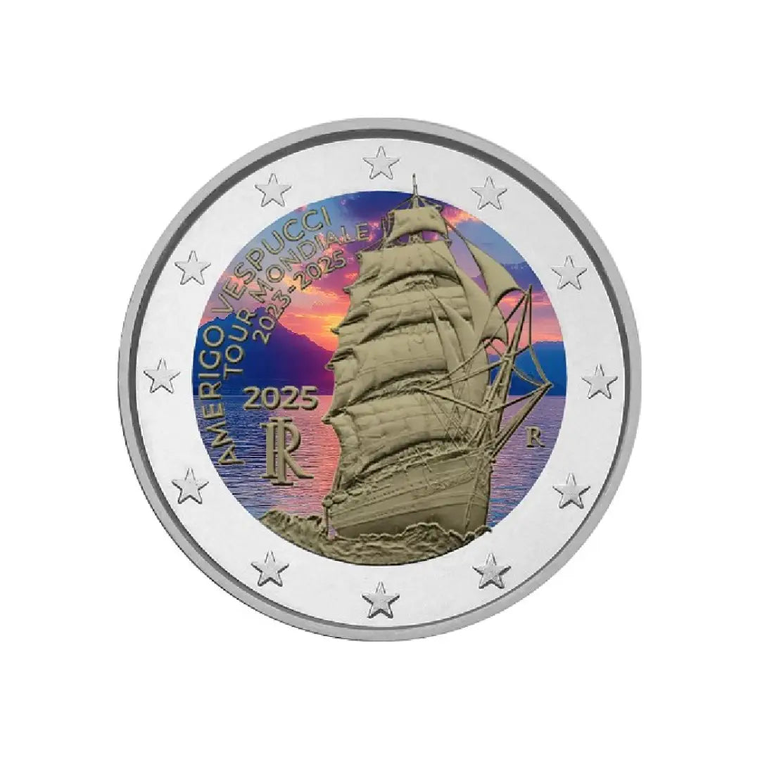 Italie 2025 - 2 Euros Commémorative - Amerigo Vespucci, Tour du Monde du Voilier - Colorisée (variantes disponibles)