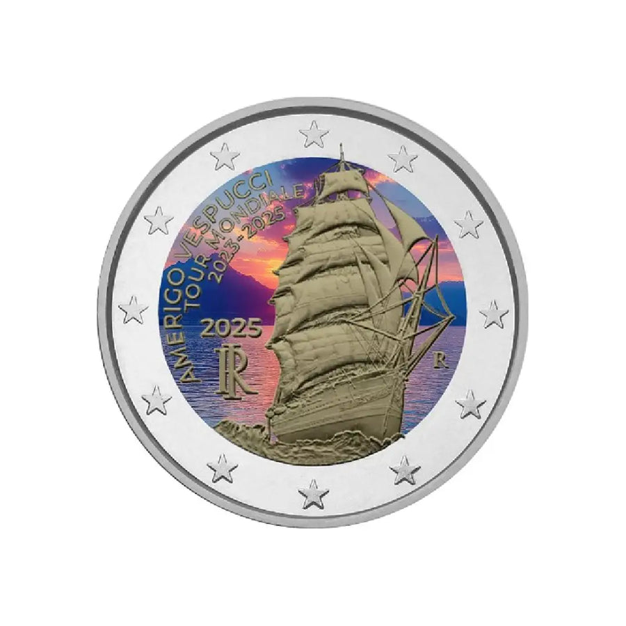 Italie 2025 - 2 Euros Commémorative - Amerigo Vespucci, Tour du Monde du Voilier - Colorisée (variantes disponibles)