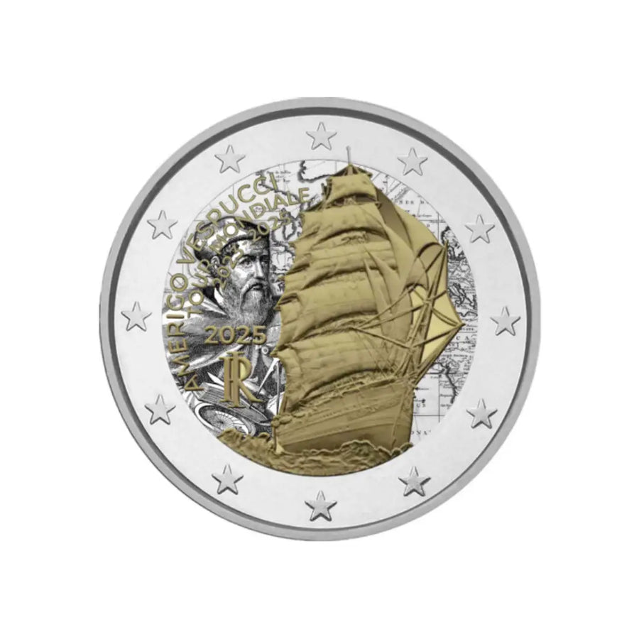 Italie 2025 - 2 Euros Commémorative - Amerigo Vespucci, Tour du Monde du Voilier - Colorisée (variantes disponibles)