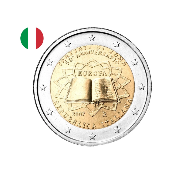 ⁣⁢Pièce de 2 euros Italie 2007, avers : livre ouvert du traité de Rome, légende TRATTATI DI ROMA et marque R⁤⁣