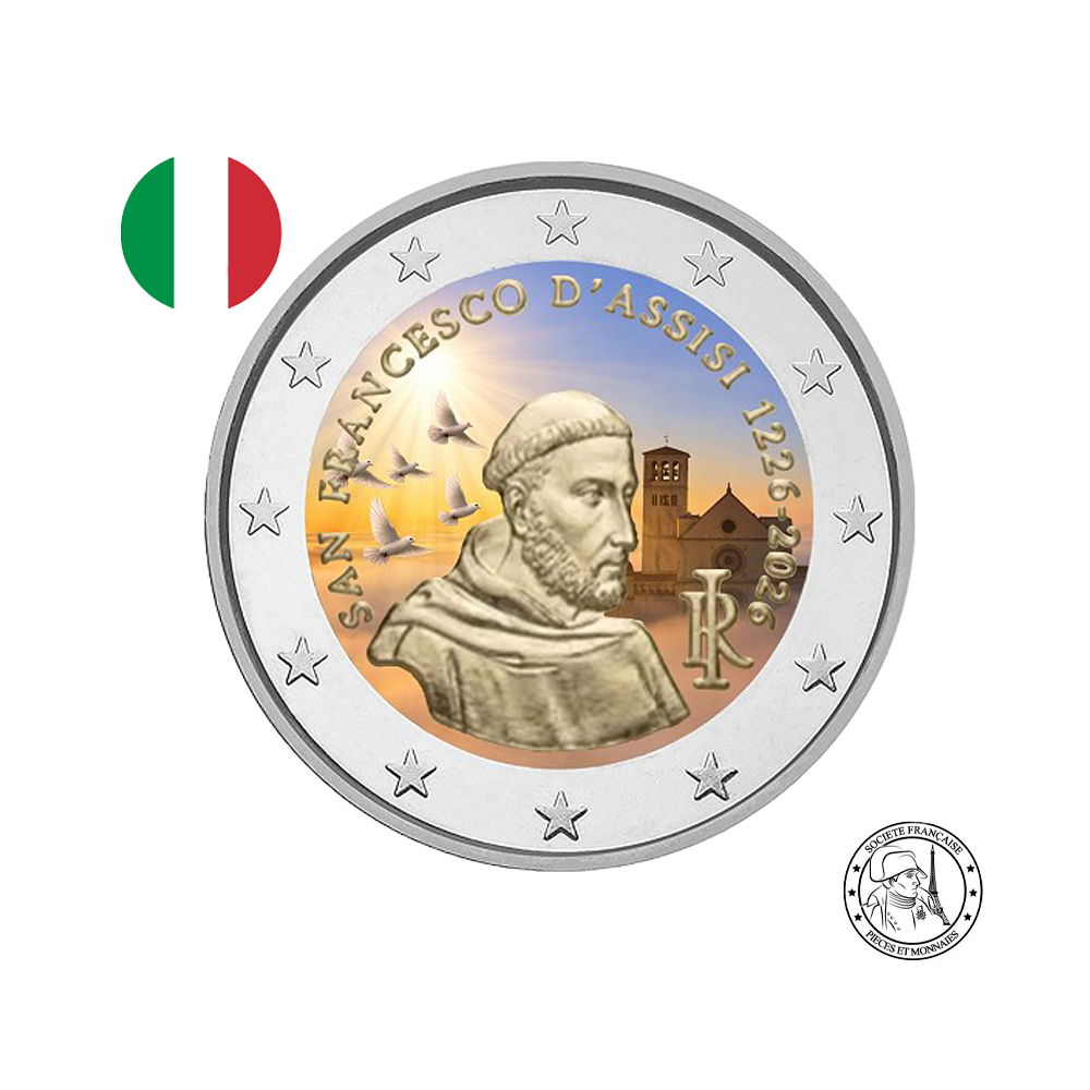 Italie 2026 - 2 Euros Commémorative - Saint François d'Assise - Colorisée (variantes disponibles)