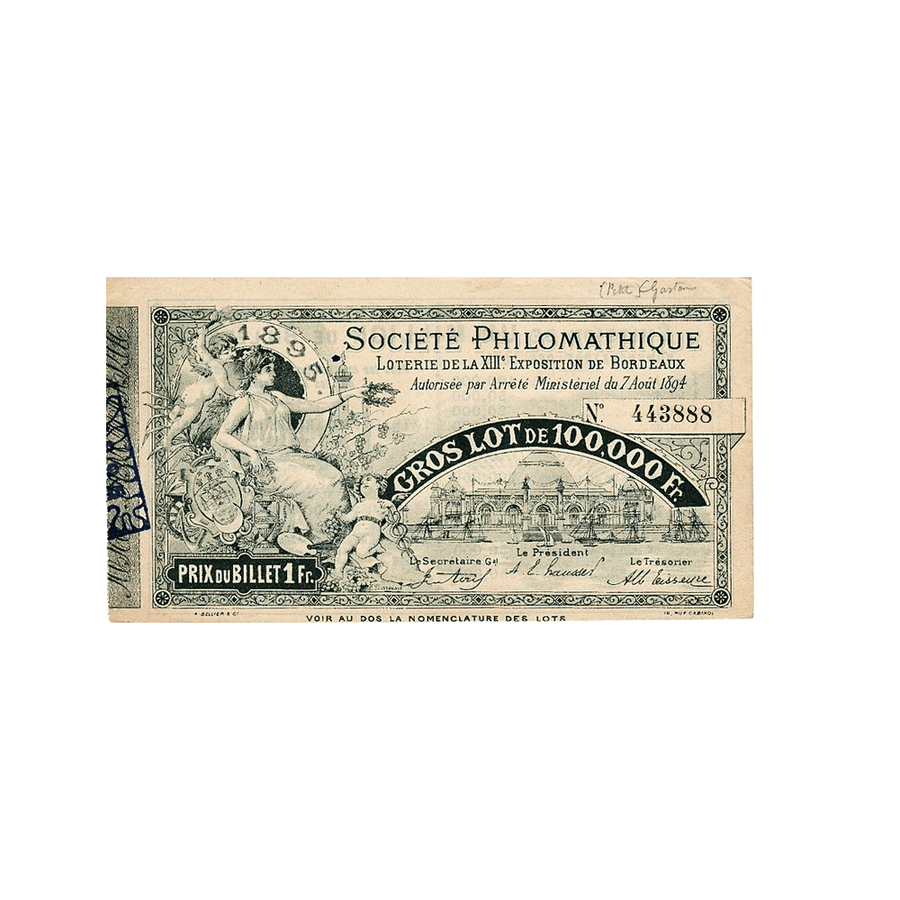 France - Billet de loterie - Exposition de Bordeaux 1895
