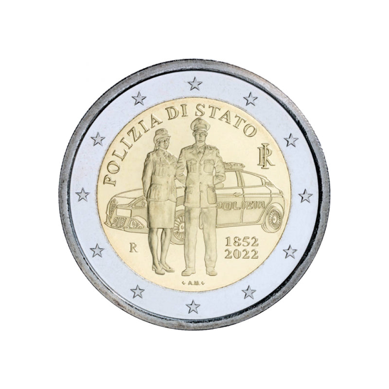 Avers de la 2 euros Italie 2022 BE : une policière et un policier devant une voiture de police, 1852-2022