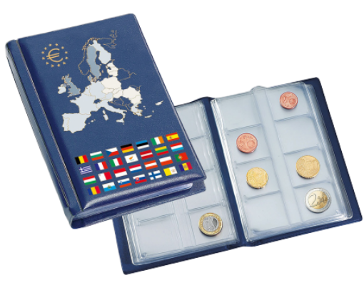 ALBUM DE POCHE AVEC 12 FEUILLES NUMISMATIQUES POUR 12 SÉRIES COMPLÈTES D'EUROS, BLEU - pieces-et-monnaies.com