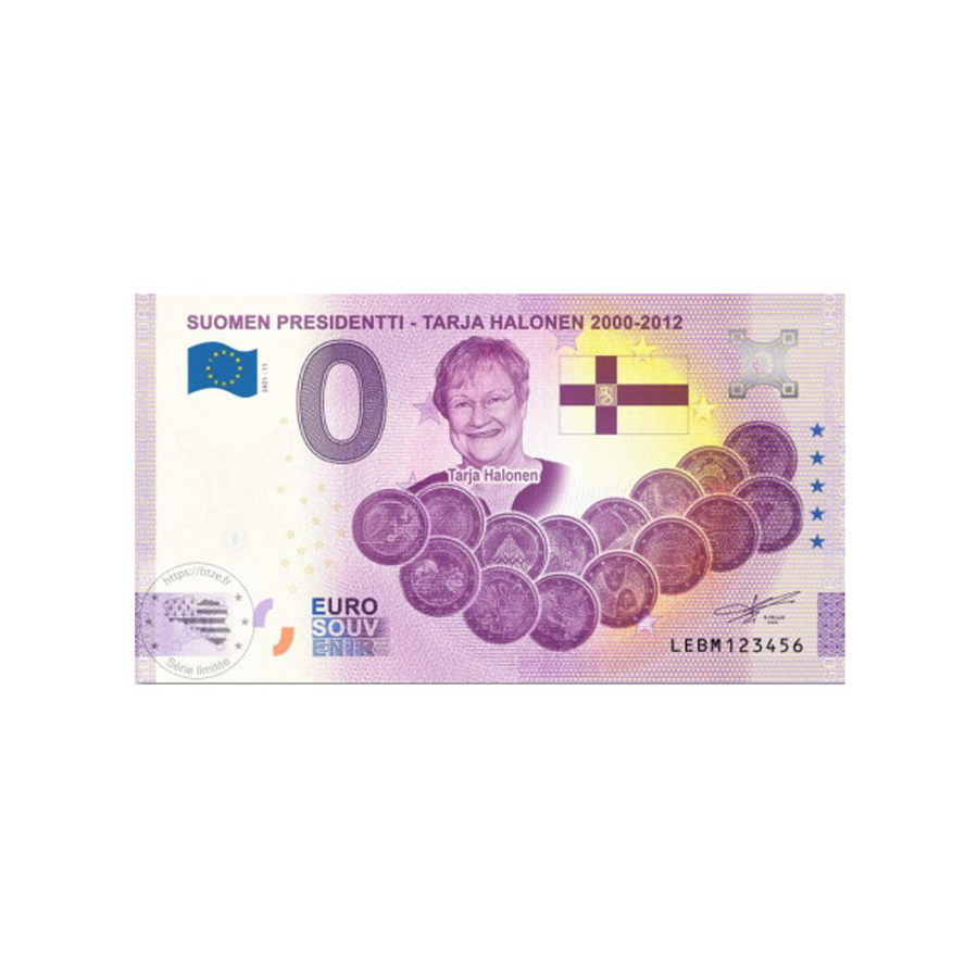 Bilhete de lembrança de zero para euro - Suomen PresideRti - Tarja Halonen 2000-2012 - Finlândia - 2021