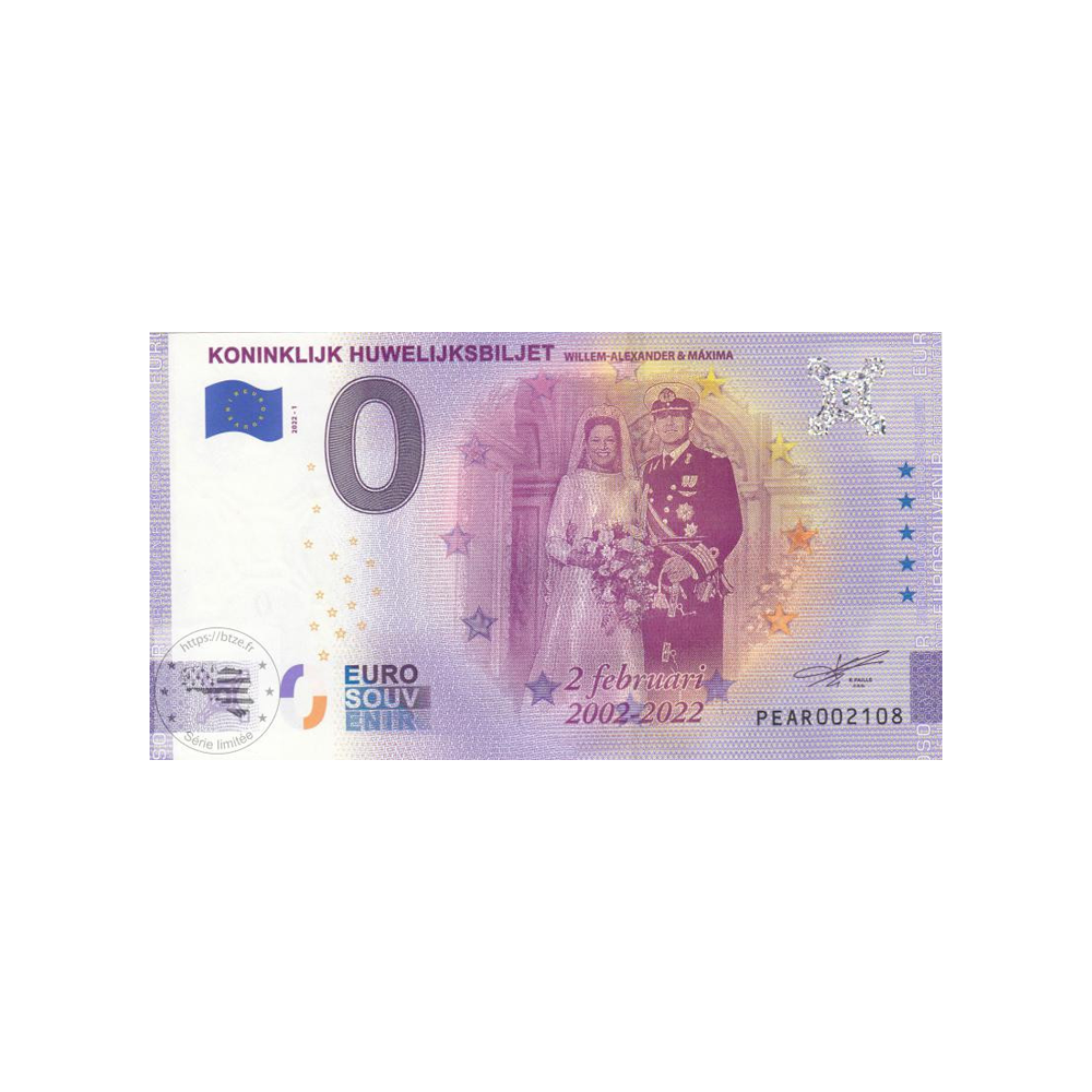 Billet souvenir de zéro euro - Koninklijk Huwelijksbiljet  - Pays-Bas - 2022