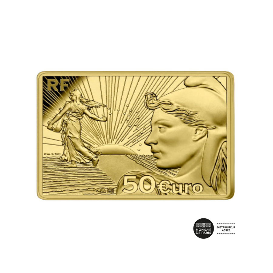 O 20º aniversário do Euro - Semeuse - Moeda de € 50 Gold - Be 1/4oz France - 2022
