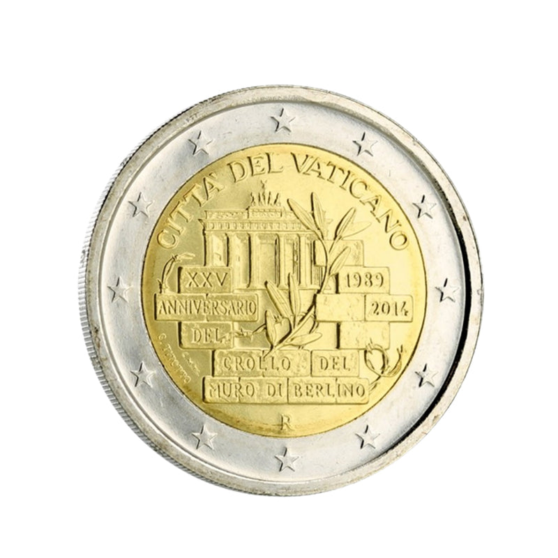 ⁣⁢Moneta 2 euro Watykan 2014, strona narodowa: cegły Muru Berlińskiego, gałązka oliwna, Brama Brandenburska i napis CITTÀ DEL VATICANO⁤⁣
