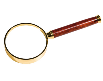 Manche magnifying glass with glass lens, golden metal frame, grows 3x, 50mm.